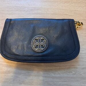 Tory Burch Black Leather Wristlet with Gold Accents